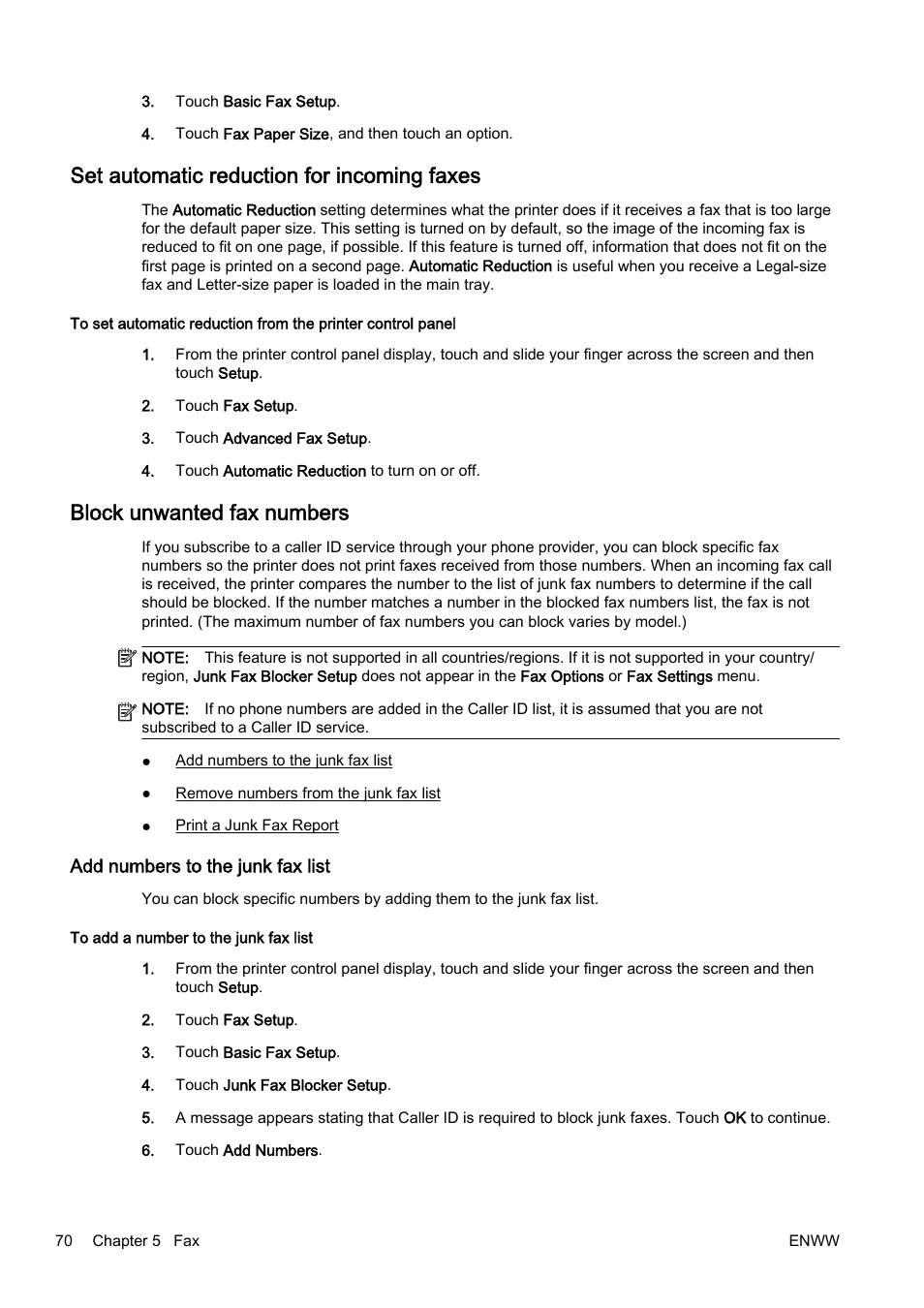 Set automatic reduction for incoming faxes, Block unwanted fax numbers, Add numbers to the junk fax list | HP Officejet Pro 8610 e-All-in-One Printer User Manual | Page 86 / 268