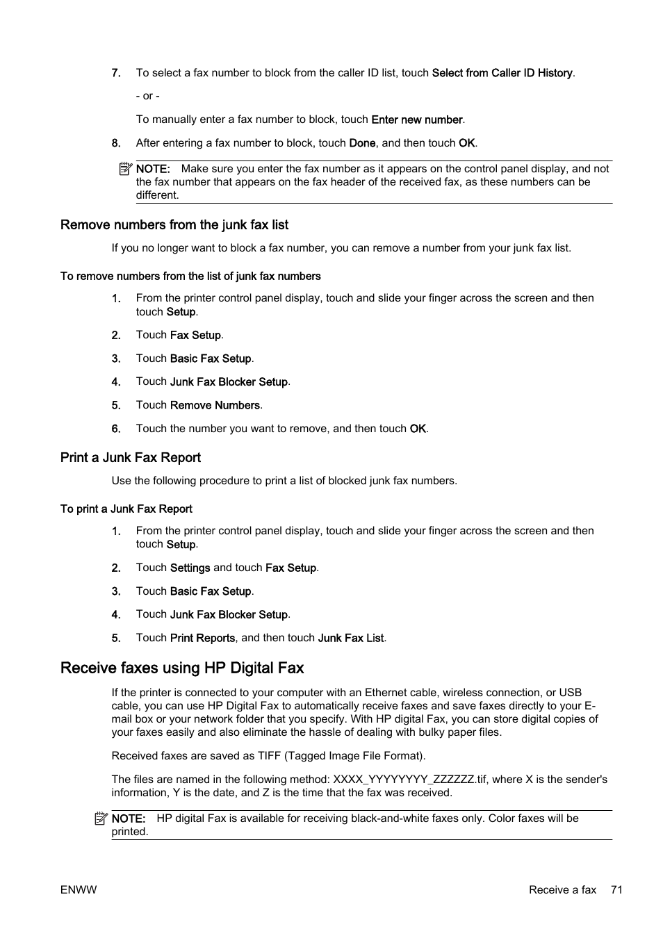 Remove numbers from the junk fax list, Print a junk fax report, Receive faxes using hp digital fax | HP Officejet Pro 8610 e-All-in-One Printer User Manual | Page 87 / 268