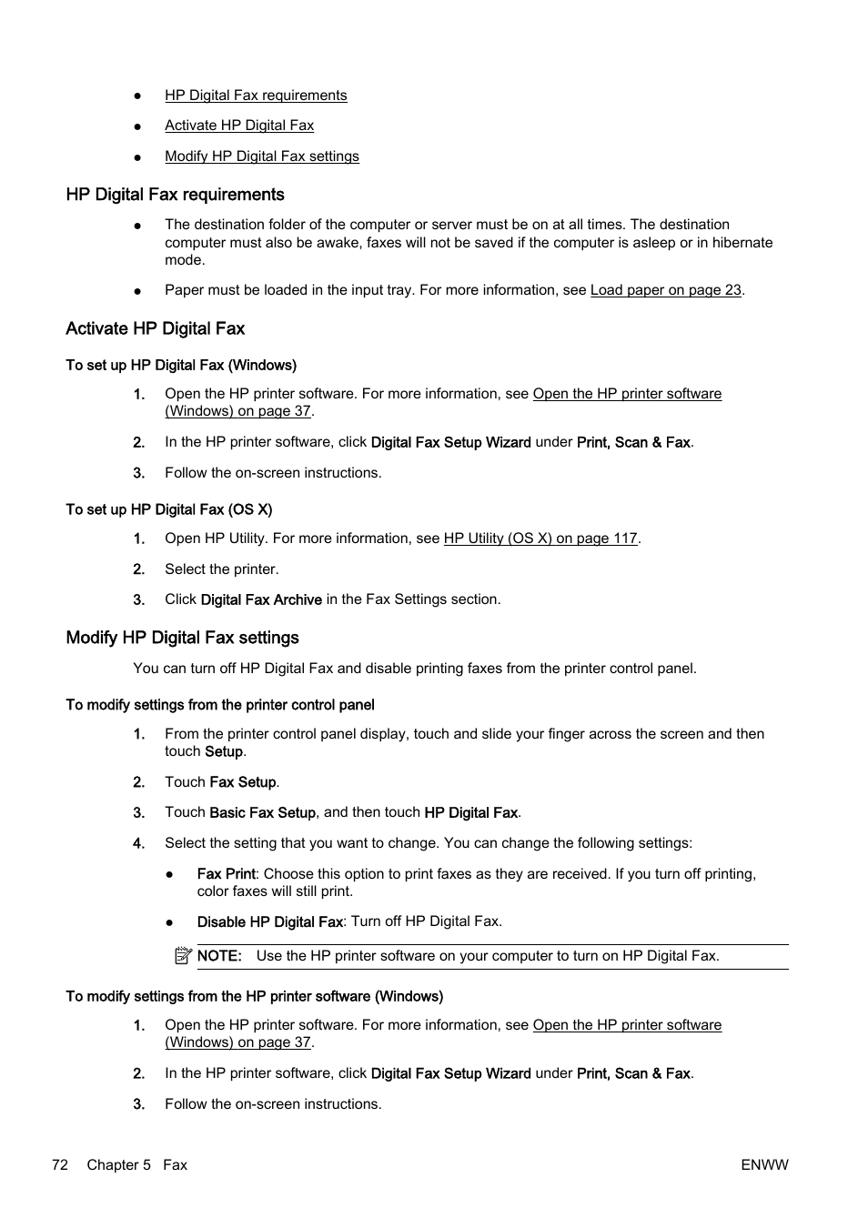 Hp digital fax requirements, Activate hp digital fax, Modify hp digital fax settings | HP Officejet Pro 8610 e-All-in-One Printer User Manual | Page 88 / 268