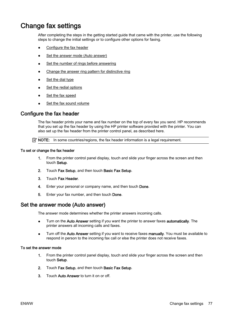 Change fax settings, Configure the fax header, Set the answer mode (auto answer) | Set the | HP Officejet Pro 8610 e-All-in-One Printer User Manual | Page 93 / 268