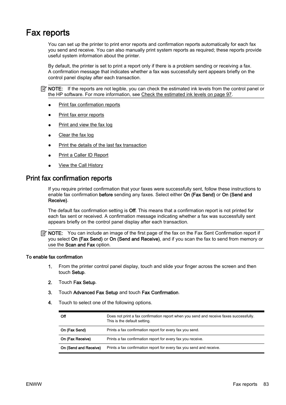 Fax reports, Print fax confirmation reports | HP Officejet Pro 8610 e-All-in-One Printer User Manual | Page 99 / 268