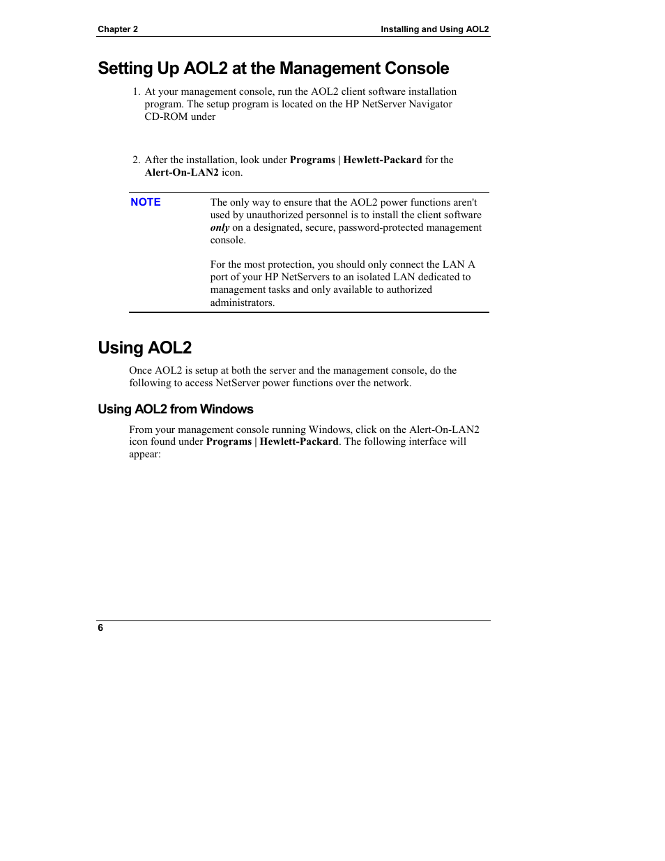 Setting up aol2 at the management console, Using aol2, Using aol2 from windows | HP Netserver L Server series User Manual | Page 10 / 12