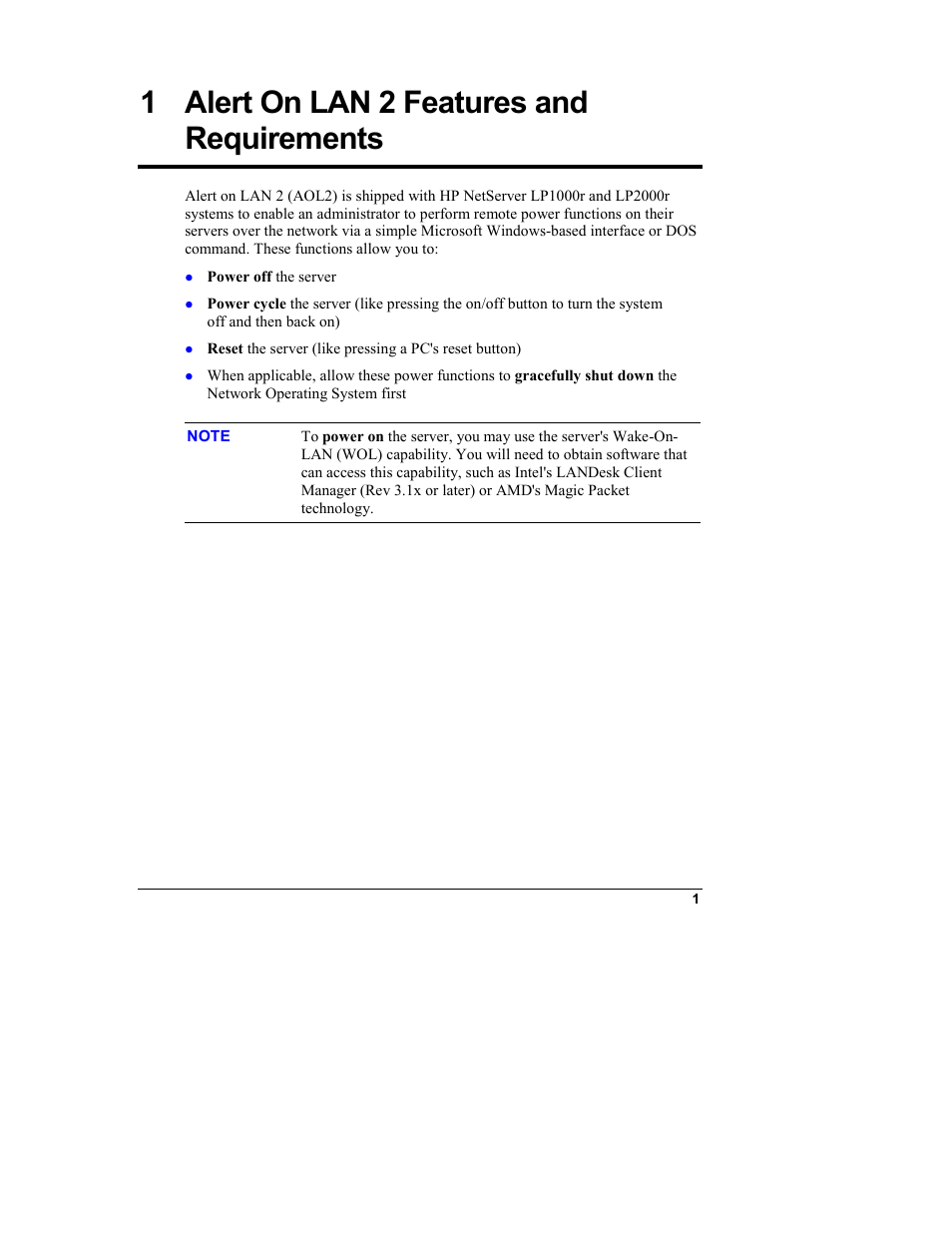 1 alert on lan 2 features and requirements | HP Netserver L Server series User Manual | Page 5 / 12