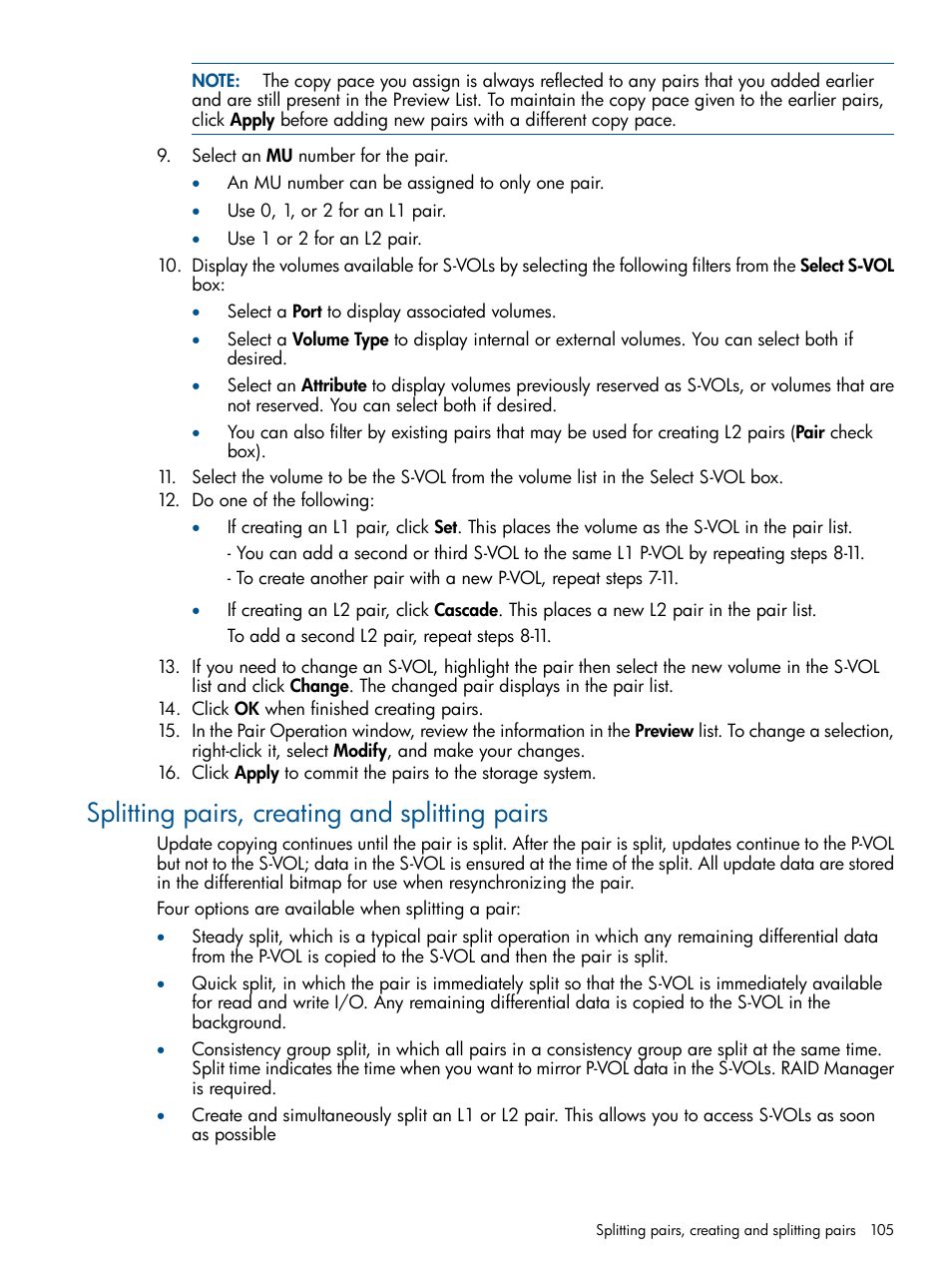 Splitting pairs, creating and splitting pairs | HP XP P9500 Storage User Manual | Page 105 / 132
