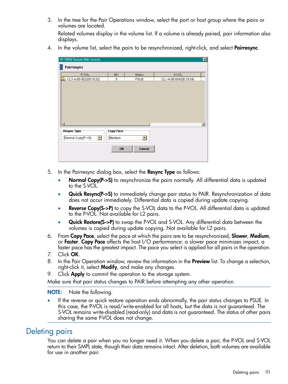 Deleting pairs | HP XP P9500 Storage User Manual | Page 111 / 132