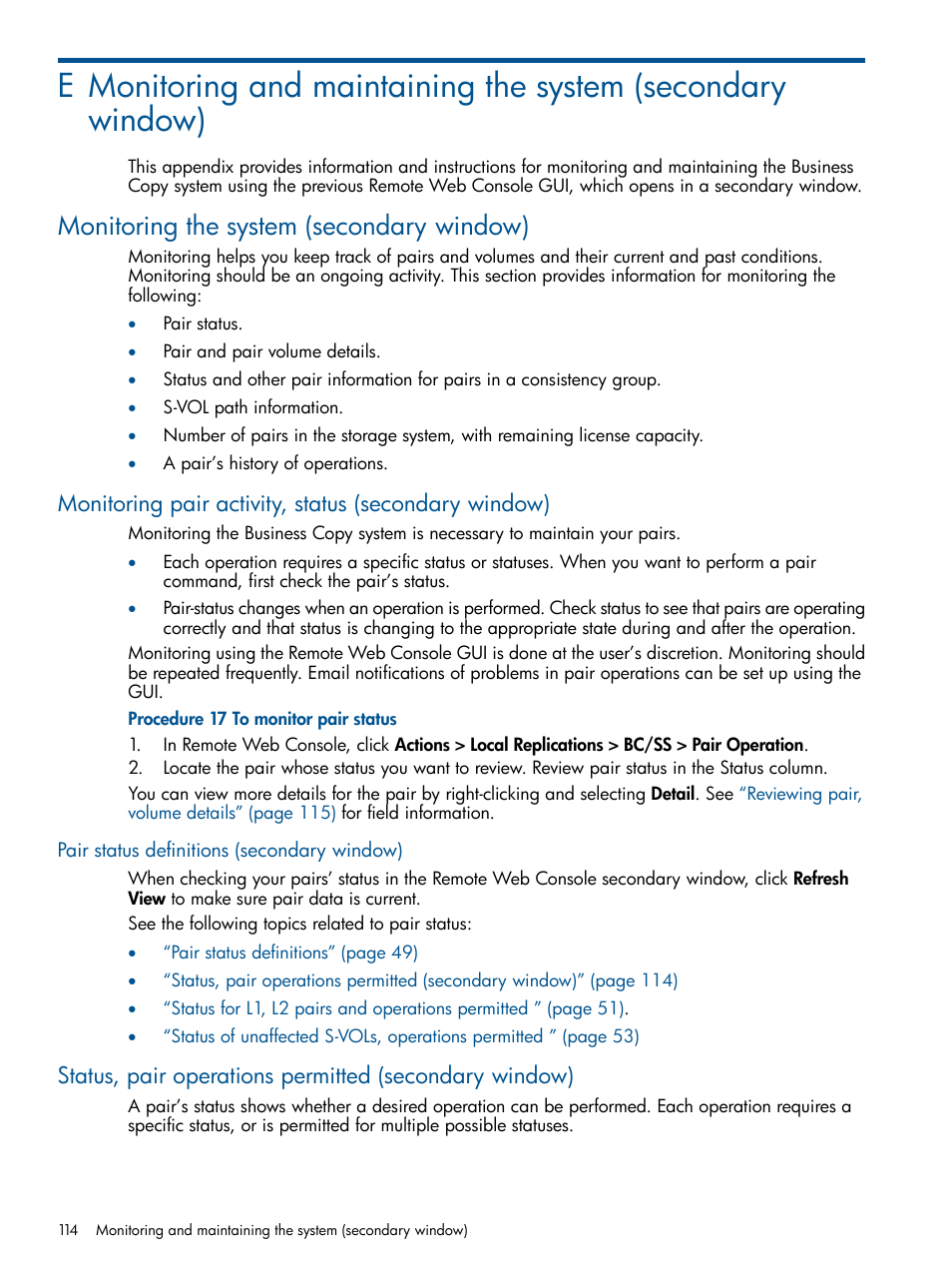 Monitoring the system (secondary window), Pair status definitions (secondary window) | HP XP P9500 Storage User Manual | Page 114 / 132