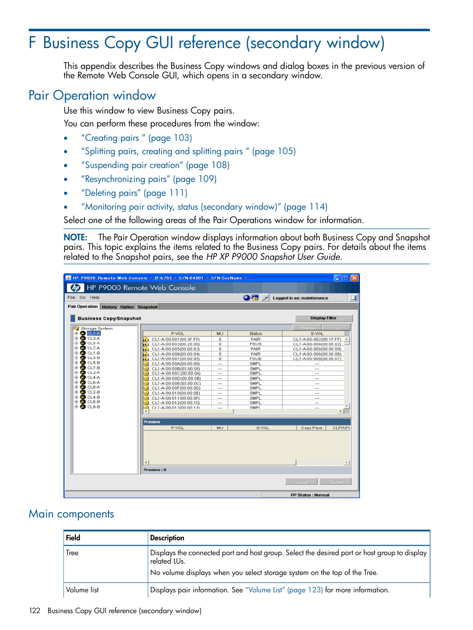 F business copy gui reference (secondary window), Pair operation window, Main components | HP XP P9500 Storage User Manual | Page 122 / 132