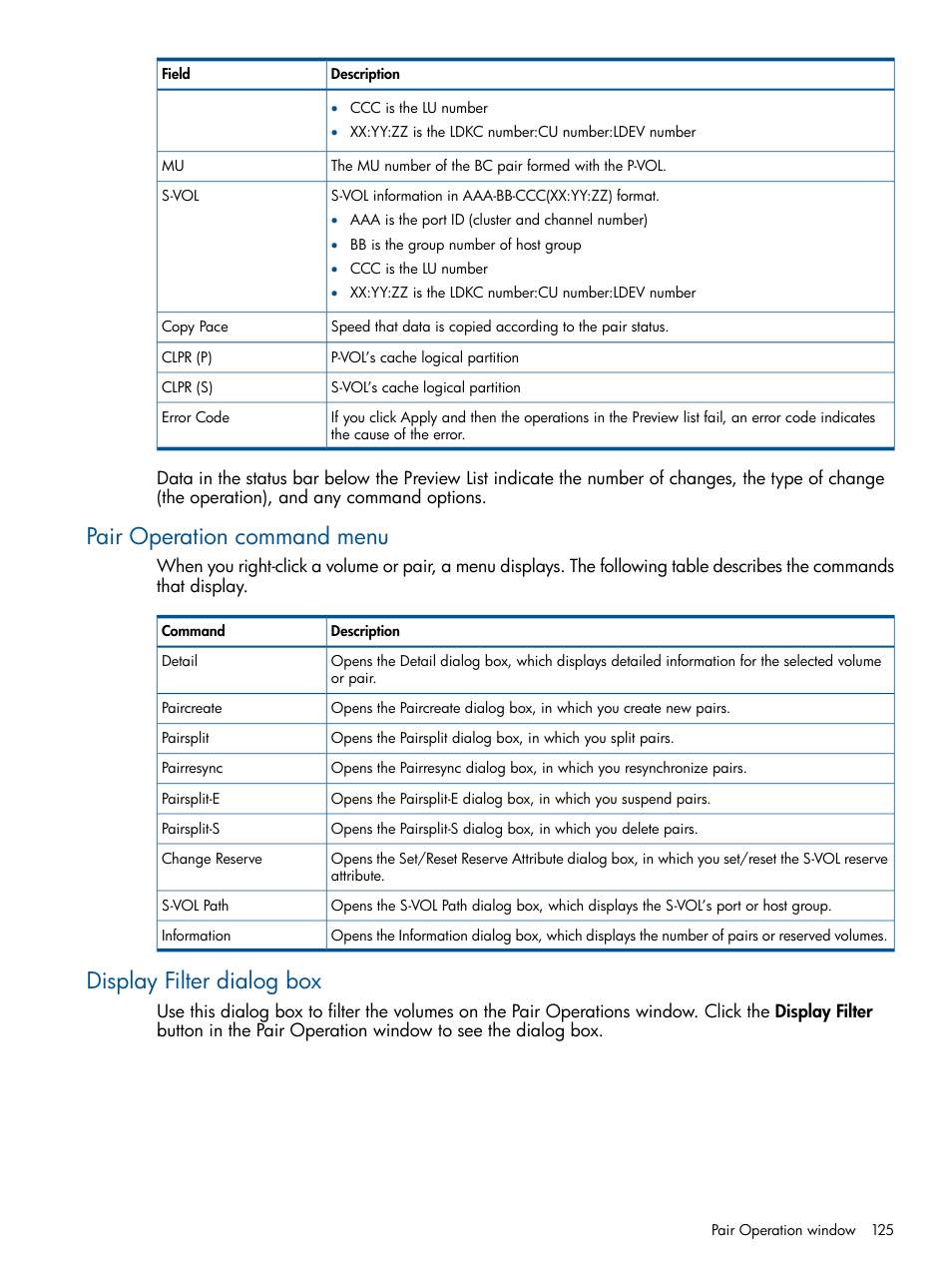 Pair operation command menu, Display filter dialog box | HP XP P9500 Storage User Manual | Page 125 / 132