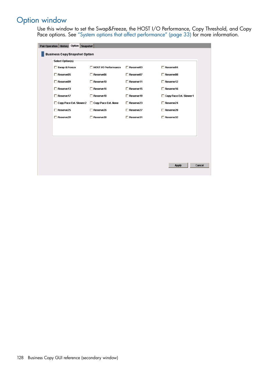 Option window | HP XP P9500 Storage User Manual | Page 128 / 132