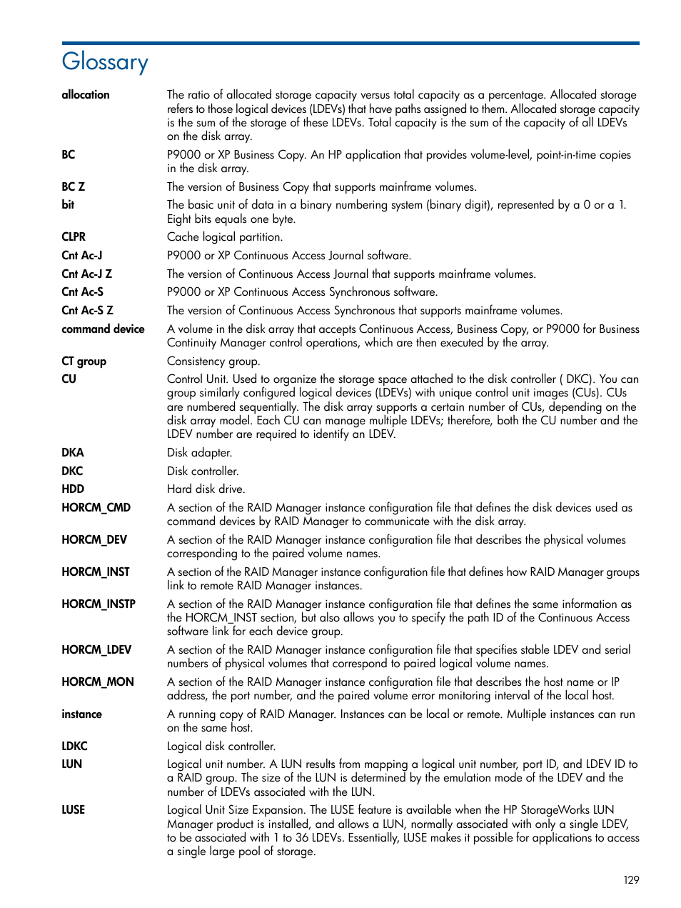 Glossary | HP XP P9500 Storage User Manual | Page 129 / 132