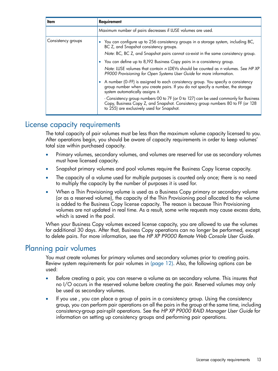 License capacity requirements, Planning pair volumes | HP XP P9500 Storage User Manual | Page 13 / 132