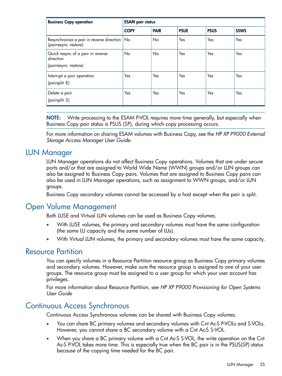 Lun manager, Open volume management, Resource partition | Continuous access synchronous | HP XP P9500 Storage User Manual | Page 25 / 132