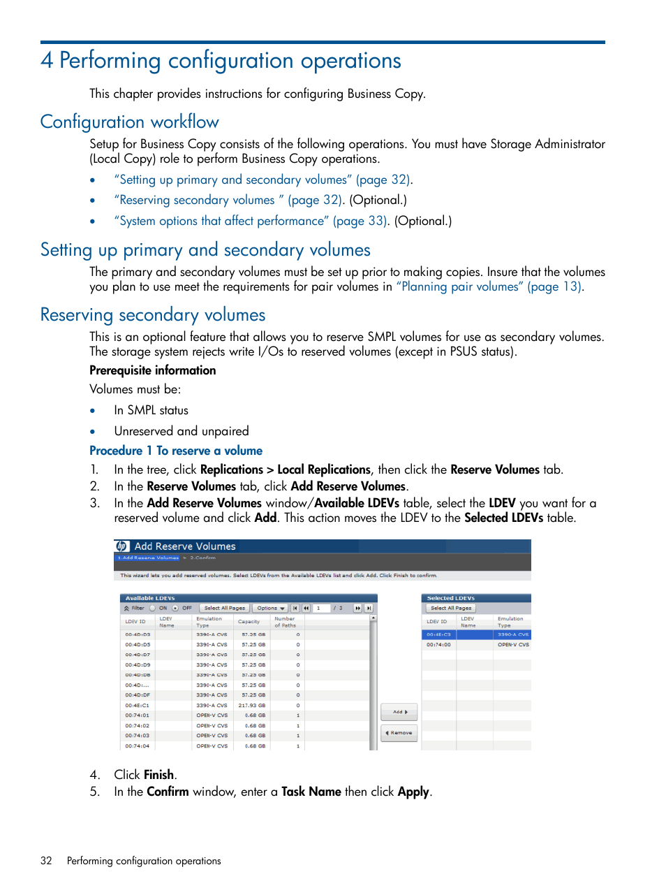 4 performing configuration operations, Configuration workflow, Setting up primary and secondary volumes | Reserving secondary volumes | HP XP P9500 Storage User Manual | Page 32 / 132