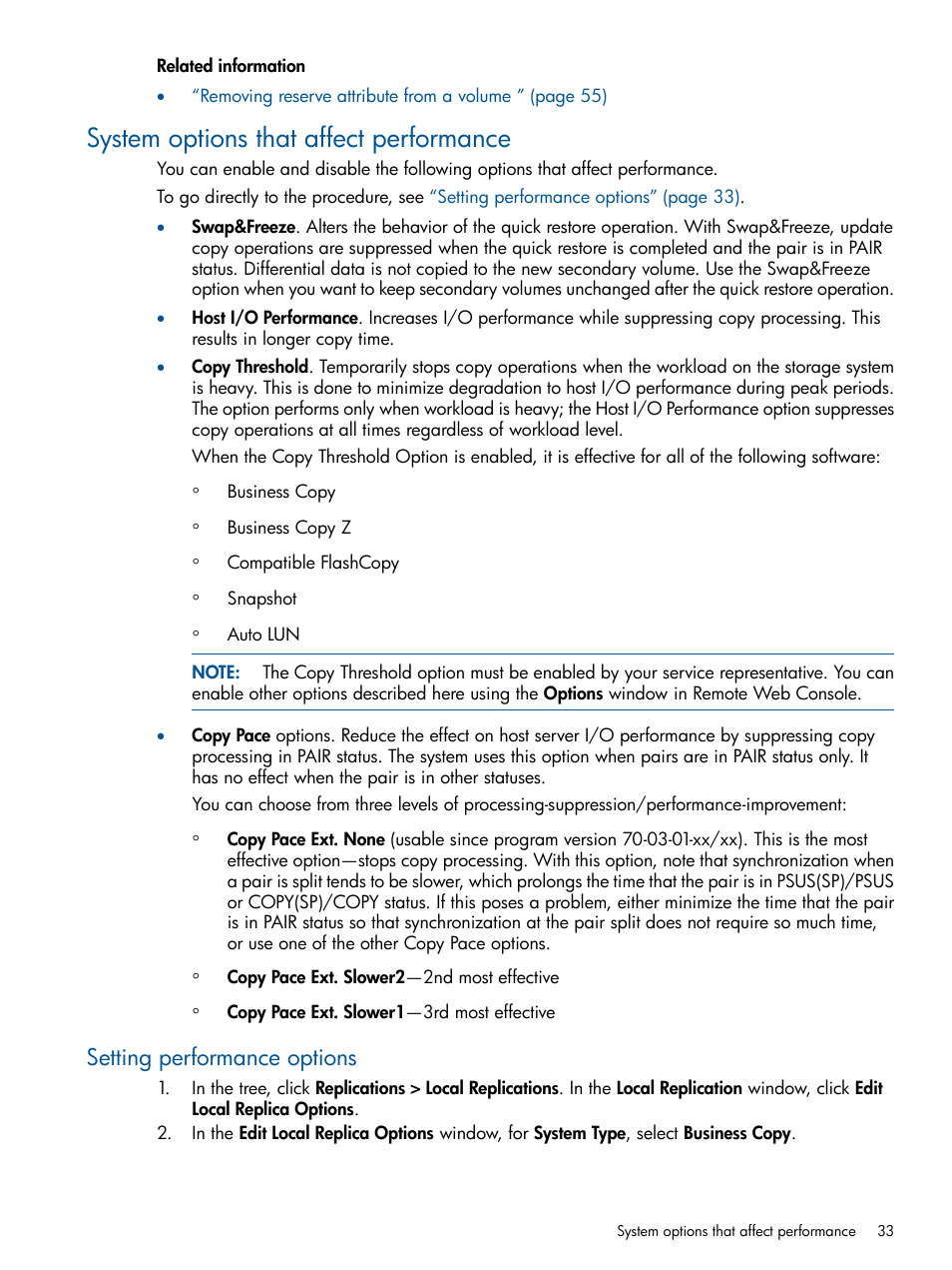 System options that affect performance, Setting performance options | HP XP P9500 Storage User Manual | Page 33 / 132