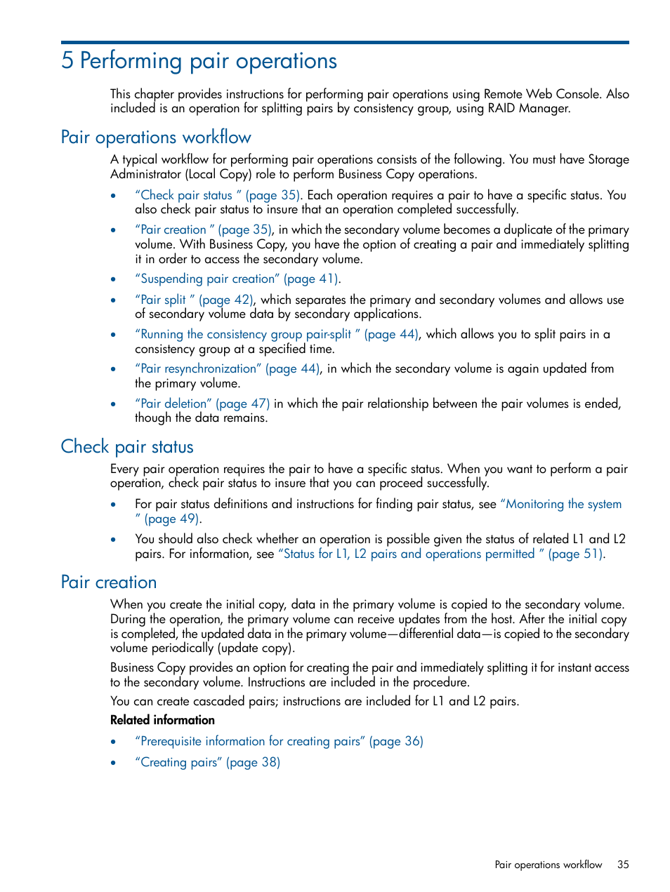 5 performing pair operations, Pair operations workflow, Check pair status | Pair creation, Check pair status pair creation | HP XP P9500 Storage User Manual | Page 35 / 132