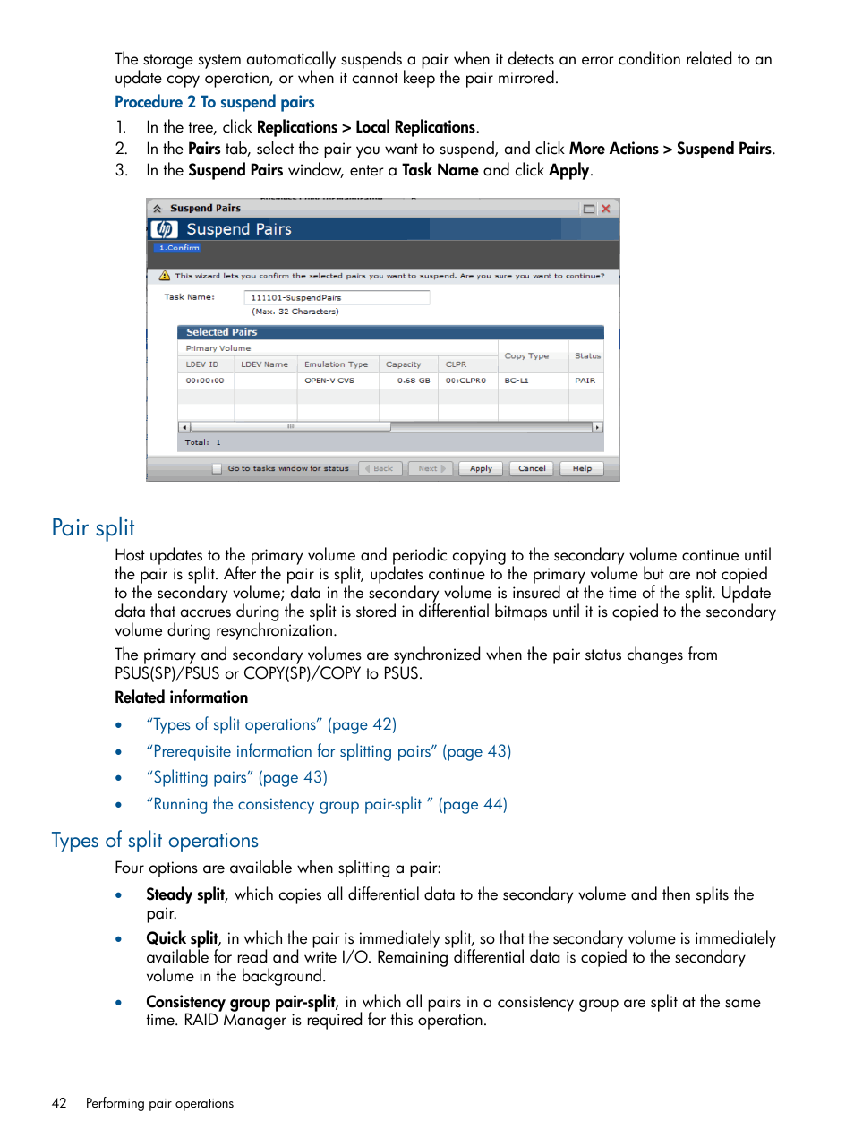 Pair split, Types of split operations | HP XP P9500 Storage User Manual | Page 42 / 132
