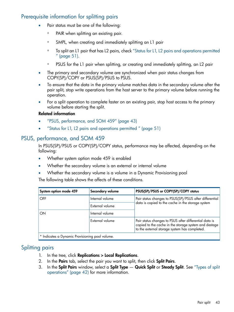 Prerequisite information for splitting pairs, Psus, performance, and som 459, Splitting pairs | HP XP P9500 Storage User Manual | Page 43 / 132