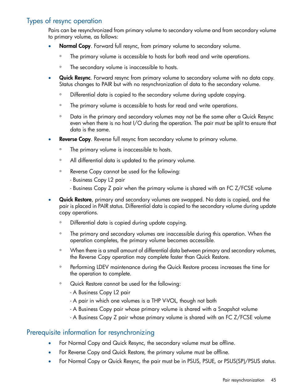 Types of resync operation, Prerequisite information for resynchronizing | HP XP P9500 Storage User Manual | Page 45 / 132