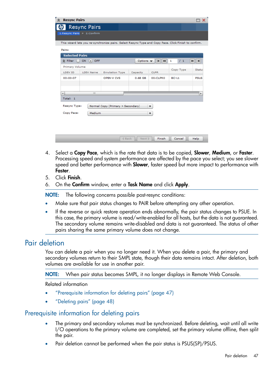 Pair deletion, Prerequisite information for deleting pairs | HP XP P9500 Storage User Manual | Page 47 / 132