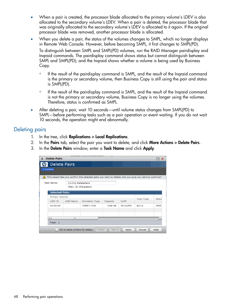 Deleting pairs | HP XP P9500 Storage User Manual | Page 48 / 132