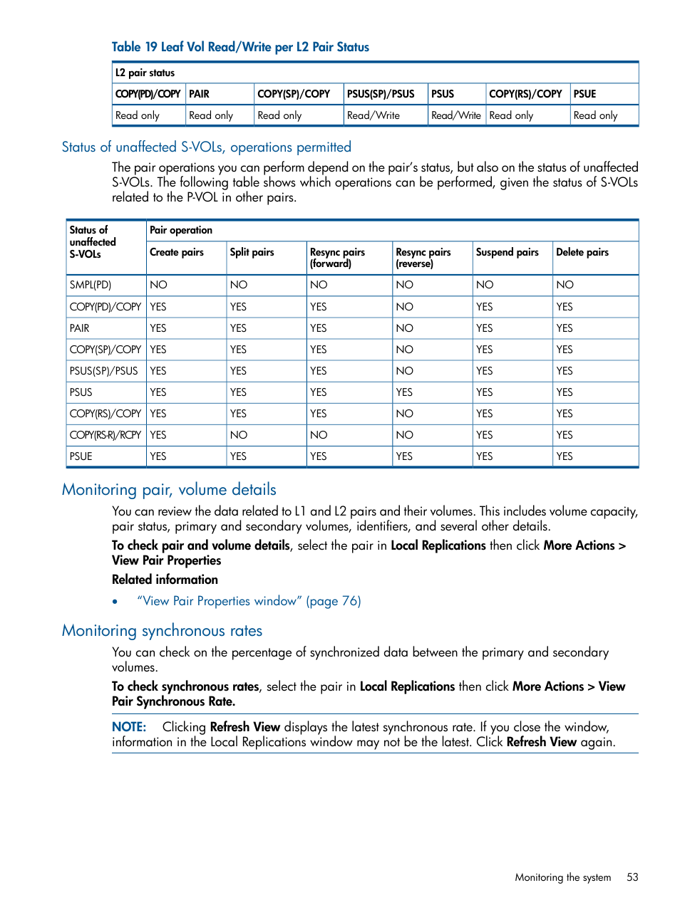 Status of unaffected s-vols, operations permitted, Monitoring pair, volume details, Monitoring synchronous rates | Status of unaffected s-vols | HP XP P9500 Storage User Manual | Page 53 / 132