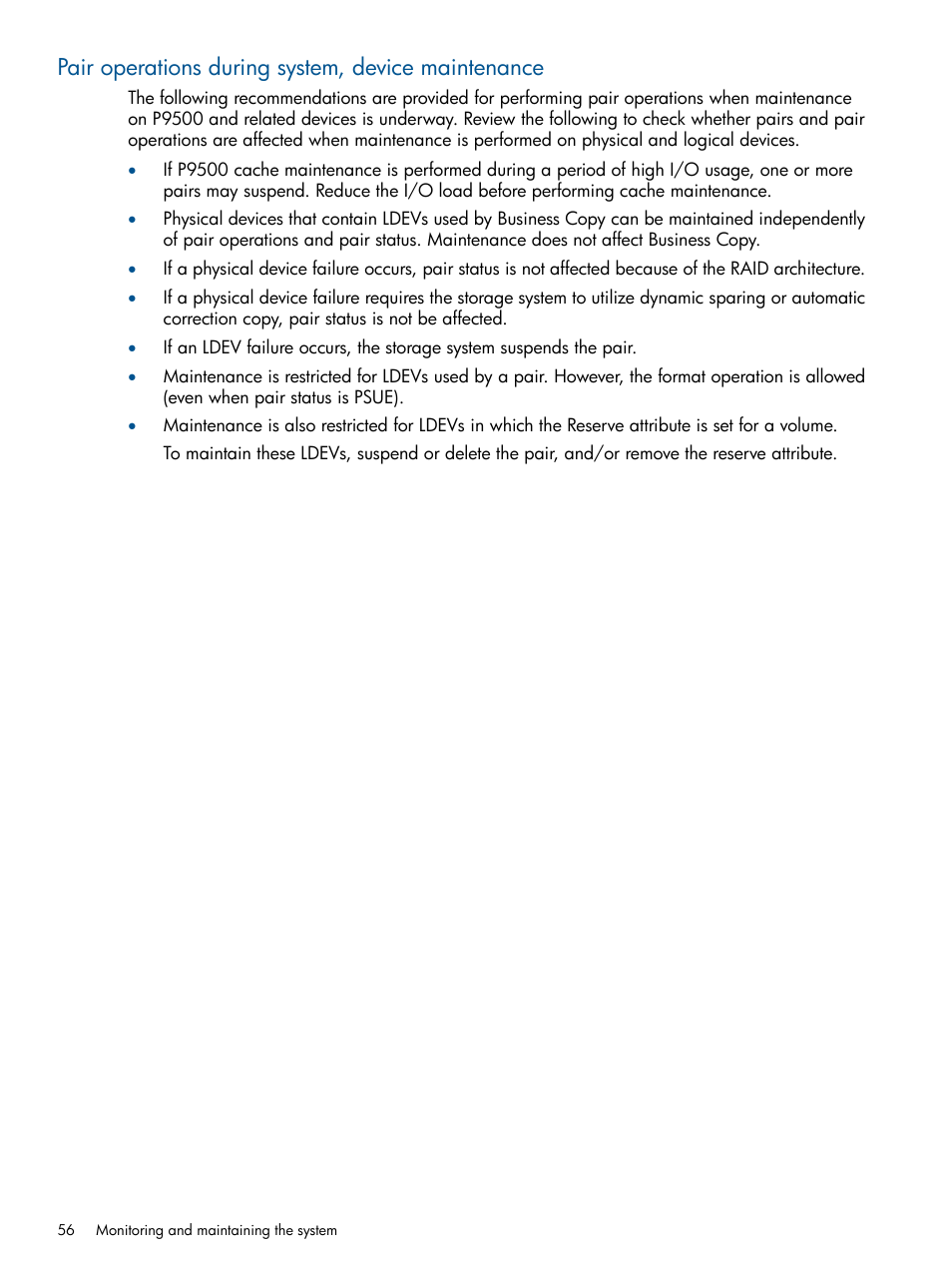 Pair operations during system, device maintenance | HP XP P9500 Storage User Manual | Page 56 / 132