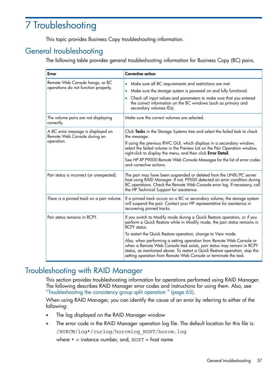 7 troubleshooting, General troubleshooting, Troubleshooting with raid manager | HP XP P9500 Storage User Manual | Page 57 / 132