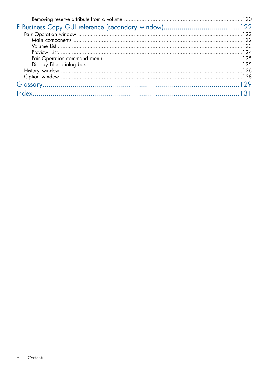 F business copy gui reference (secondary window), Glossary index | HP XP P9500 Storage User Manual | Page 6 / 132