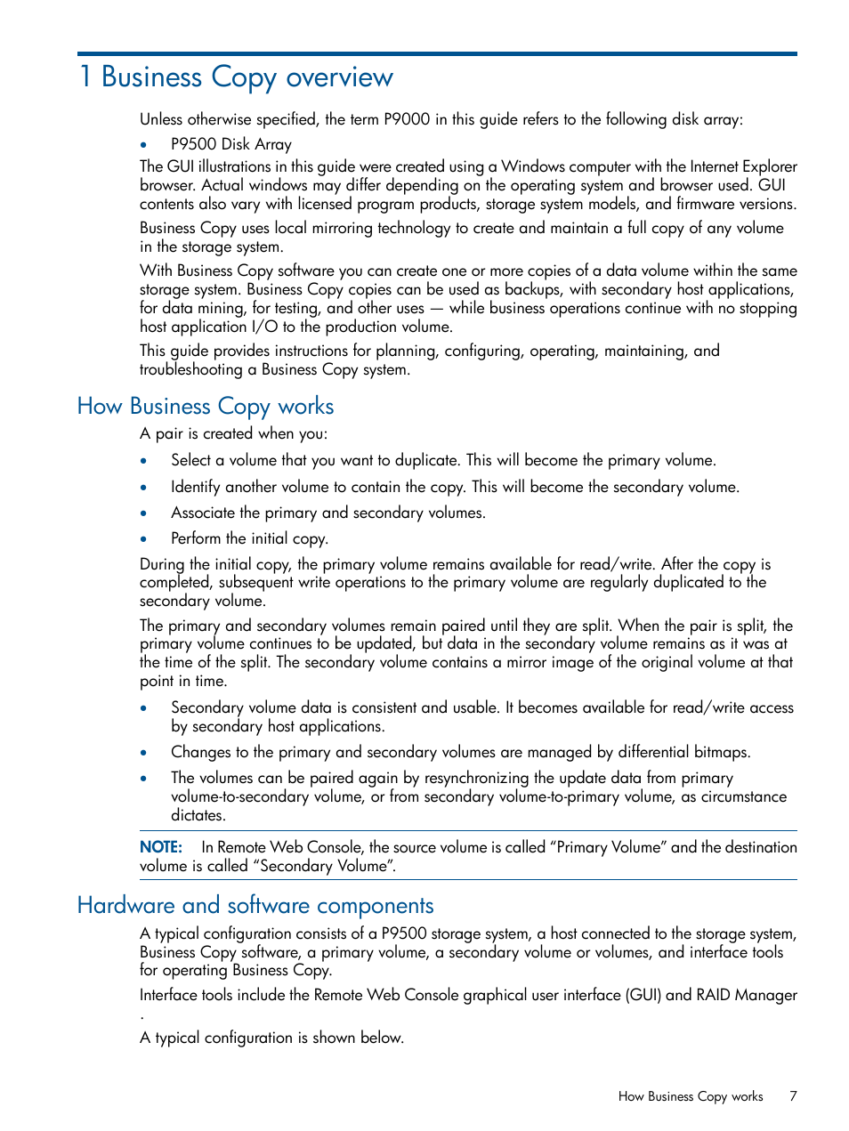 1 business copy overview, How business copy works, Hardware and software components | HP XP P9500 Storage User Manual | Page 7 / 132