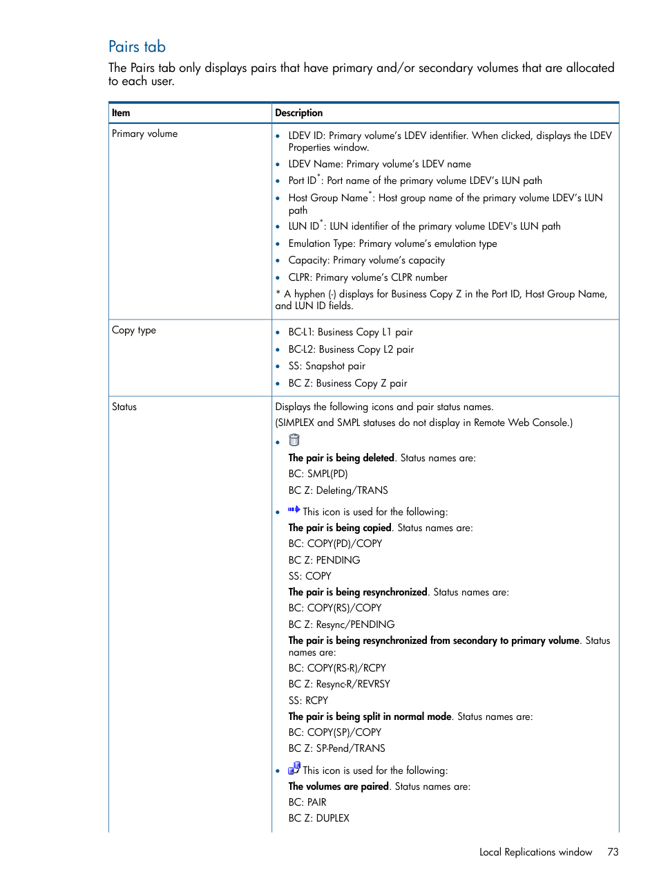 Pairs tab | HP XP P9500 Storage User Manual | Page 73 / 132