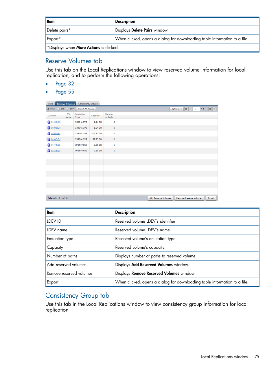 Reserve volumes tab, Consistency group tab | HP XP P9500 Storage User Manual | Page 75 / 132