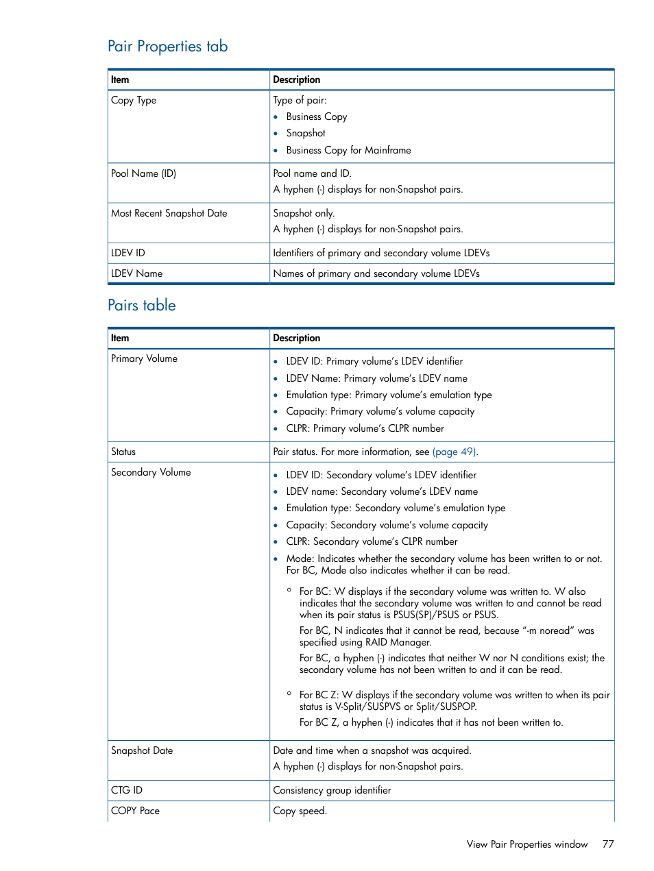 Pair properties tab, Pairs table | HP XP P9500 Storage User Manual | Page 77 / 132