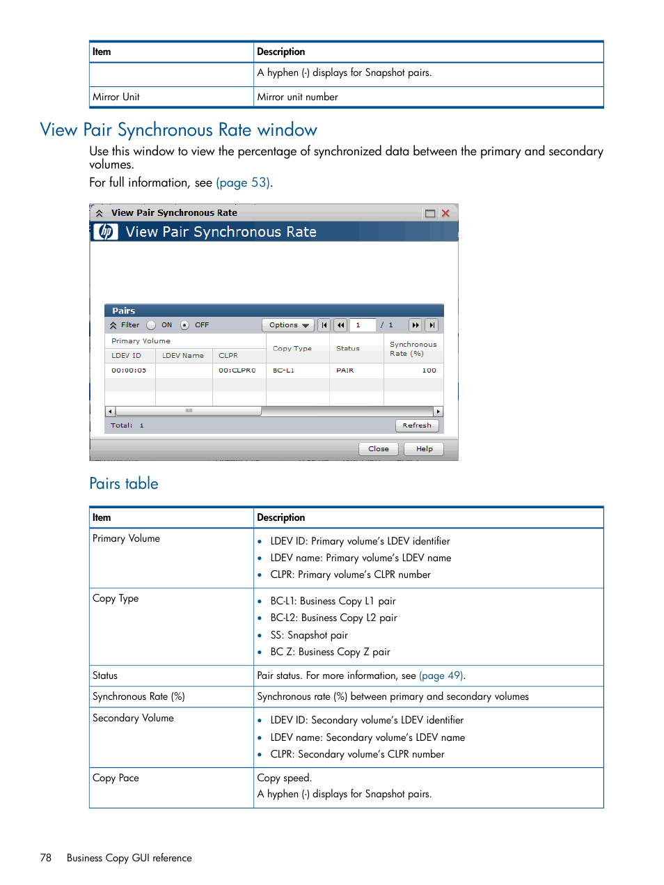 View pair synchronous rate window, Pairs table | HP XP P9500 Storage User Manual | Page 78 / 132