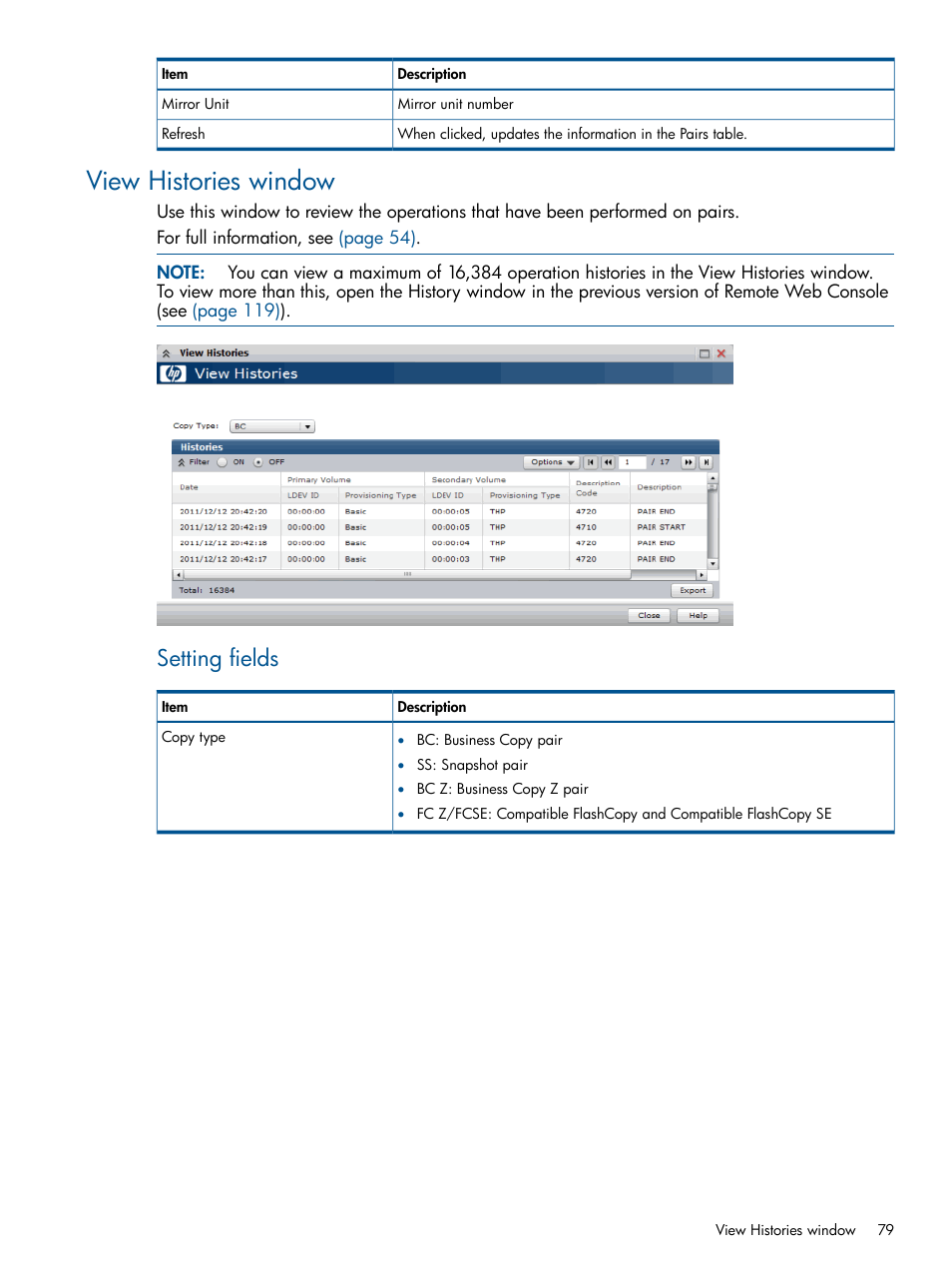 View histories window, Setting fields | HP XP P9500 Storage User Manual | Page 79 / 132