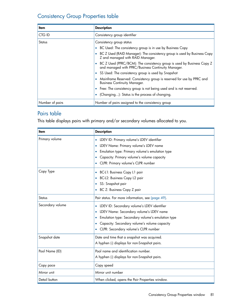 Consistency group properties table, Pairs table | HP XP P9500 Storage User Manual | Page 81 / 132