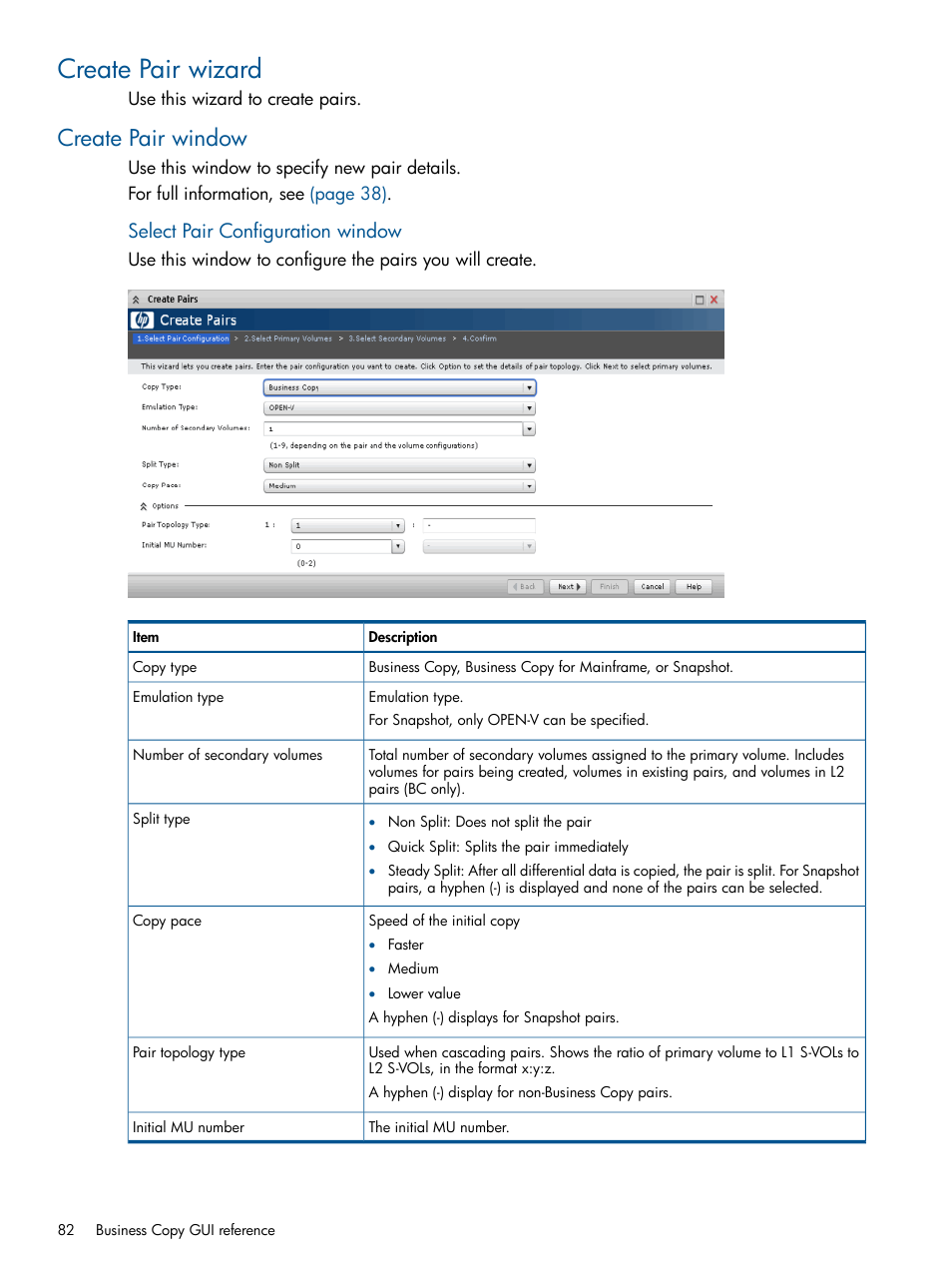 Create pair wizard, Create pair window, Select pair configuration window | HP XP P9500 Storage User Manual | Page 82 / 132