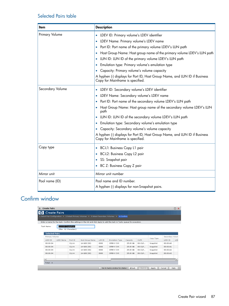 Confirm window, Selected pairs table | HP XP P9500 Storage User Manual | Page 87 / 132