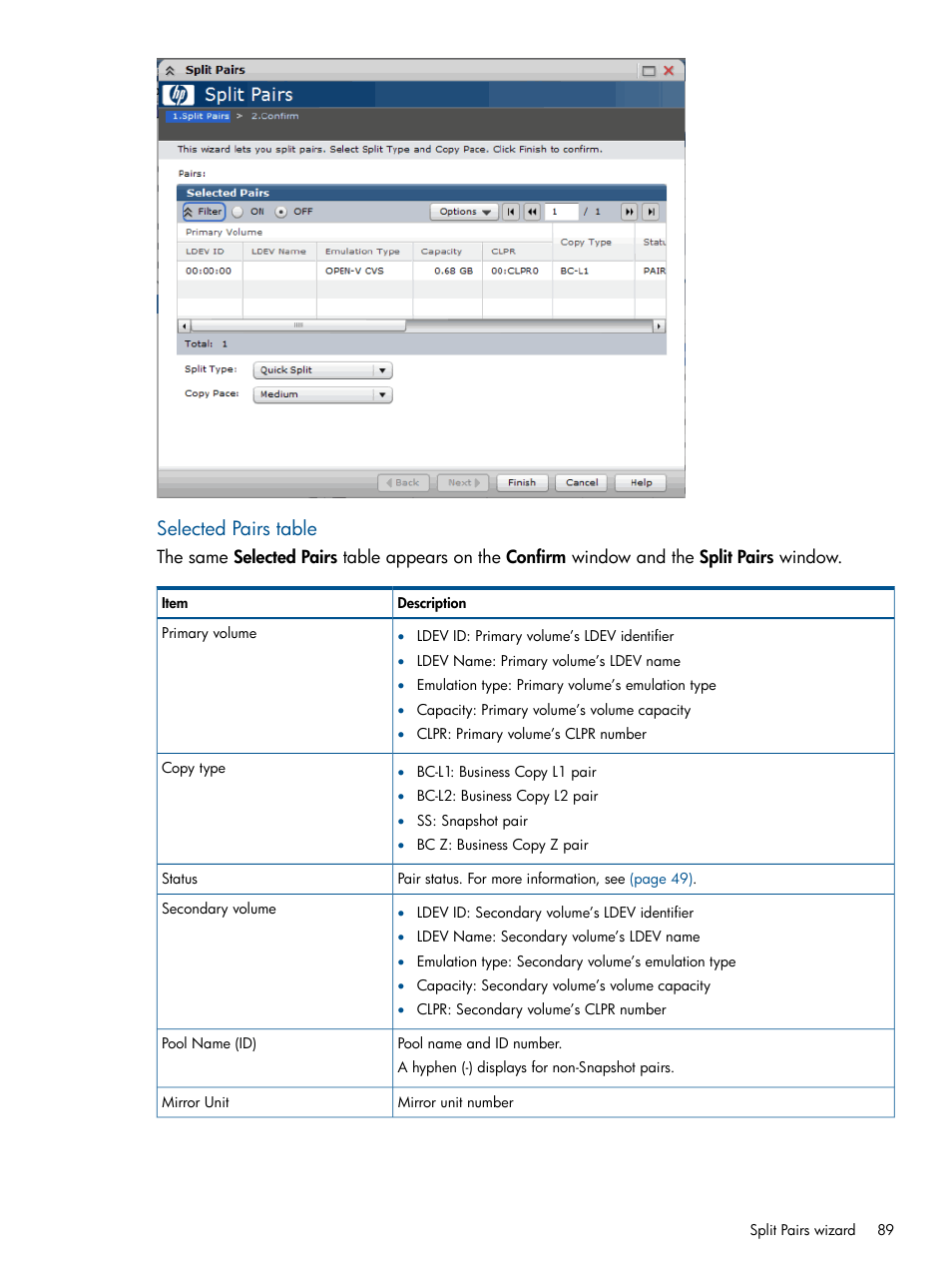 Selected pairs table | HP XP P9500 Storage User Manual | Page 89 / 132
