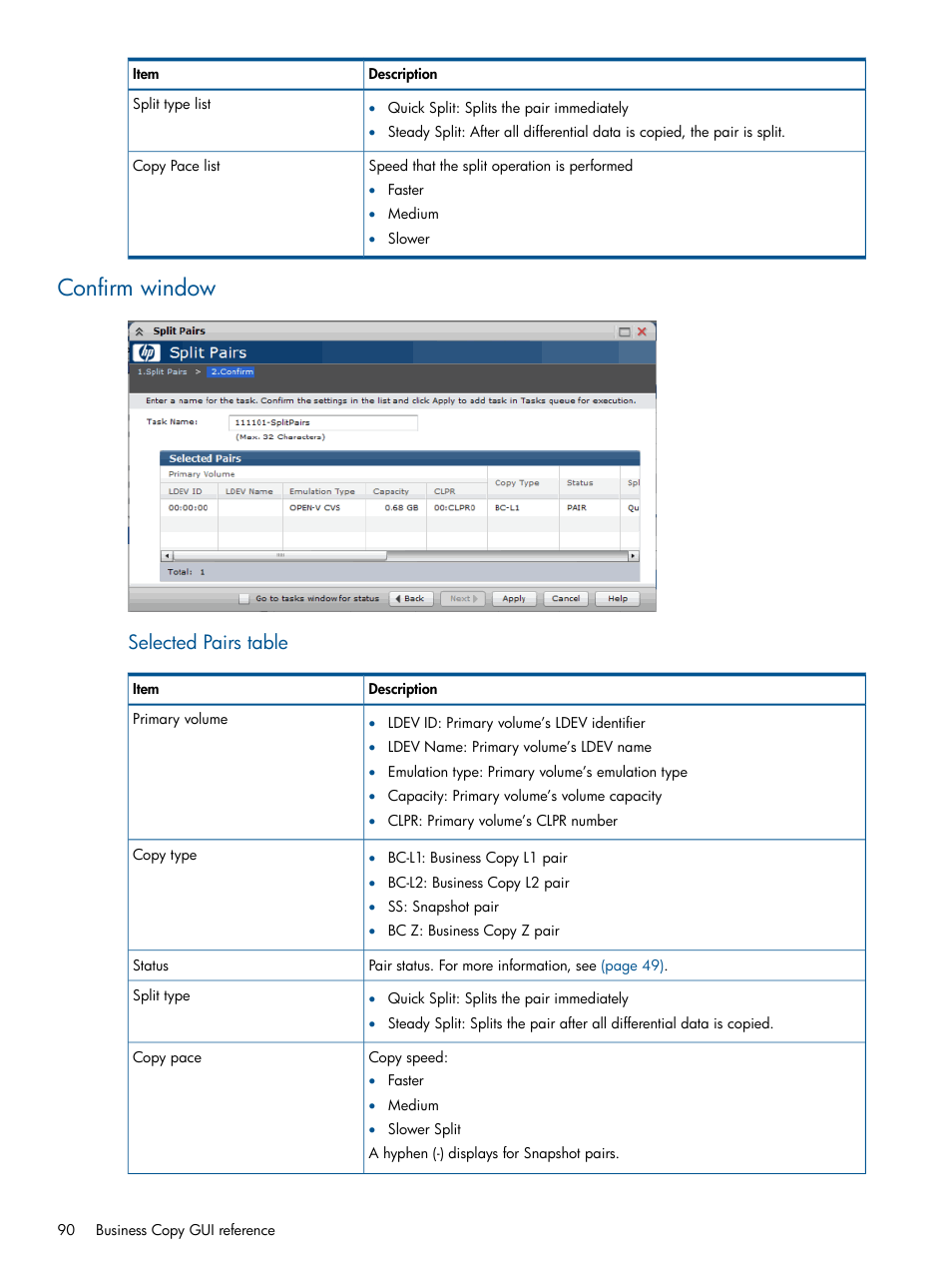 Confirm window, Selected pairs table | HP XP P9500 Storage User Manual | Page 90 / 132