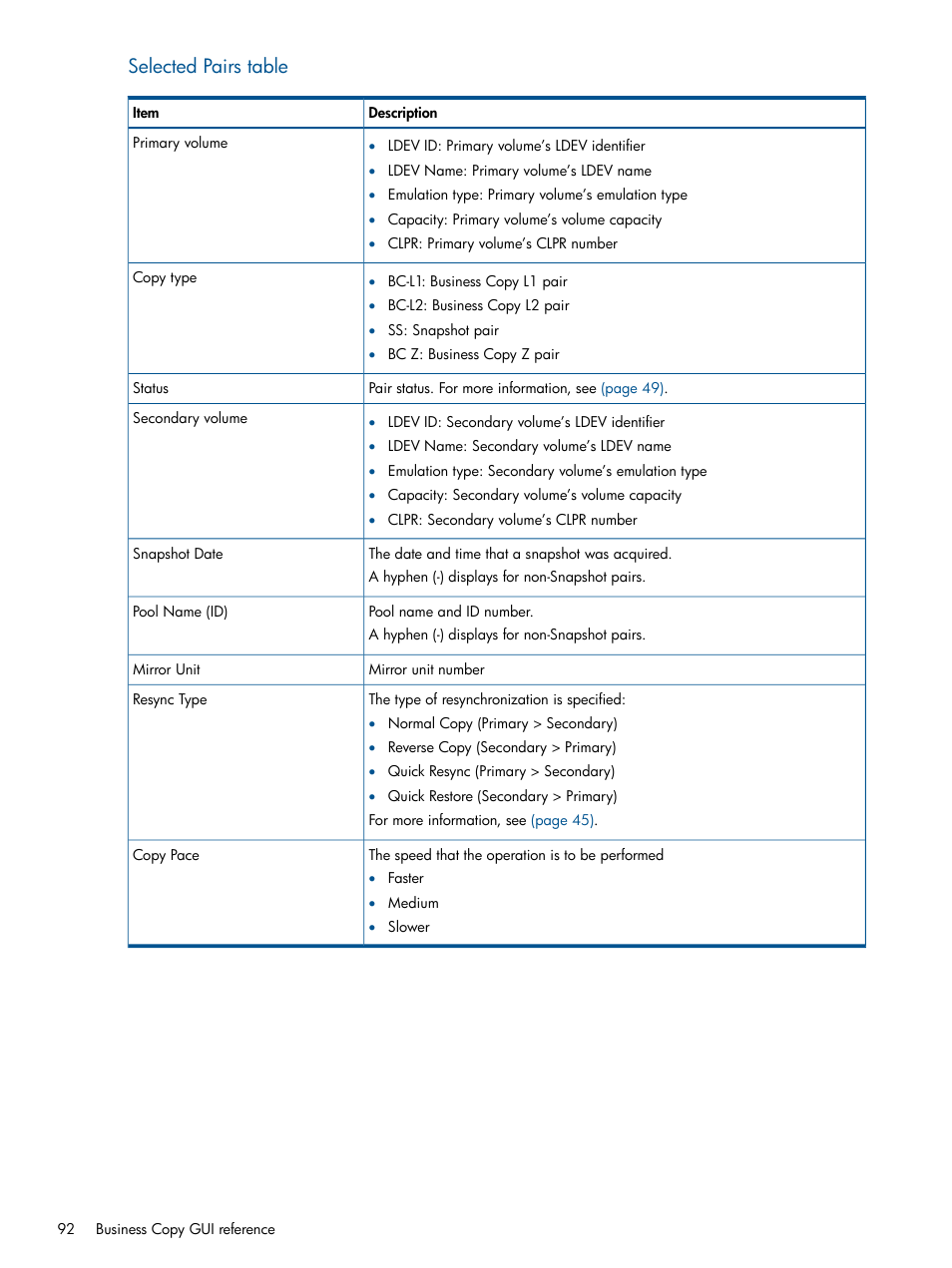 Selected pairs table | HP XP P9500 Storage User Manual | Page 92 / 132