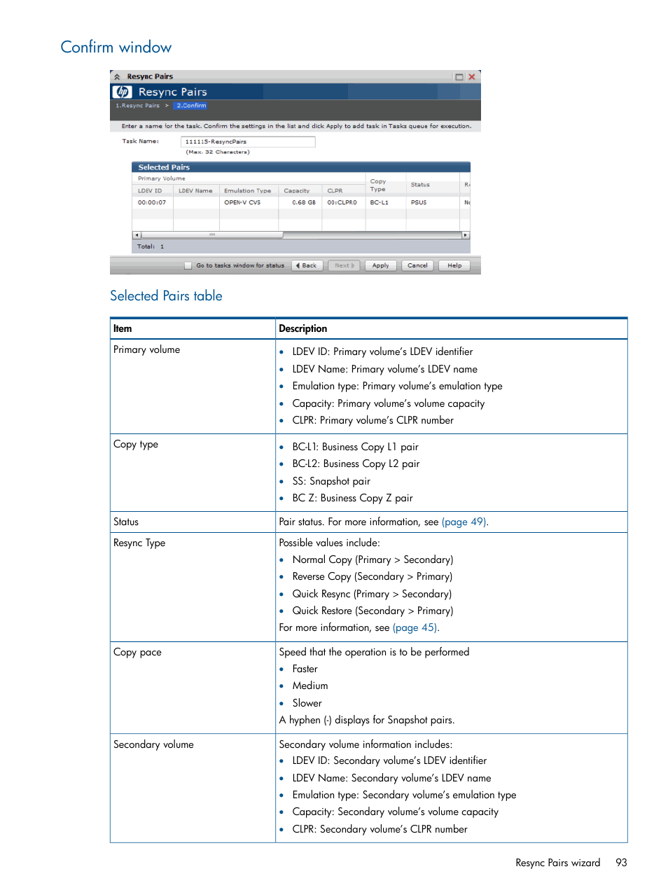 Confirm window, Selected pairs table | HP XP P9500 Storage User Manual | Page 93 / 132