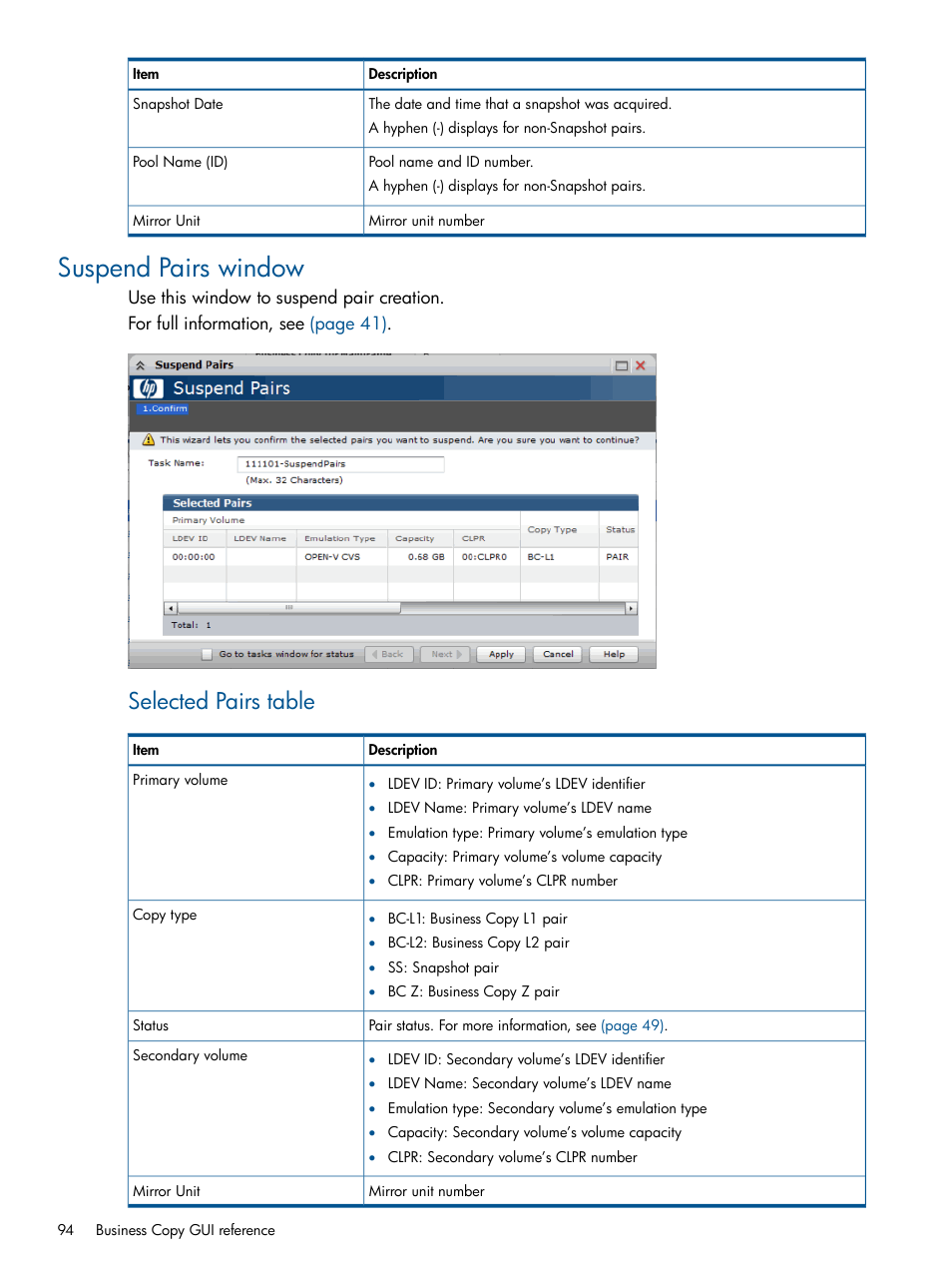 Suspend pairs window, Selected pairs table | HP XP P9500 Storage User Manual | Page 94 / 132