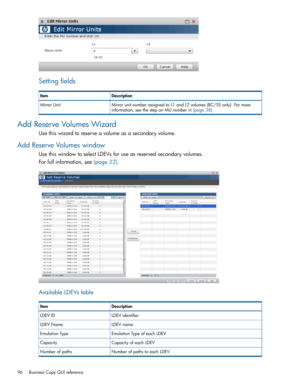Add reserve volumes wizard, Add reserve volumes window, Setting fields | HP XP P9500 Storage User Manual | Page 96 / 132