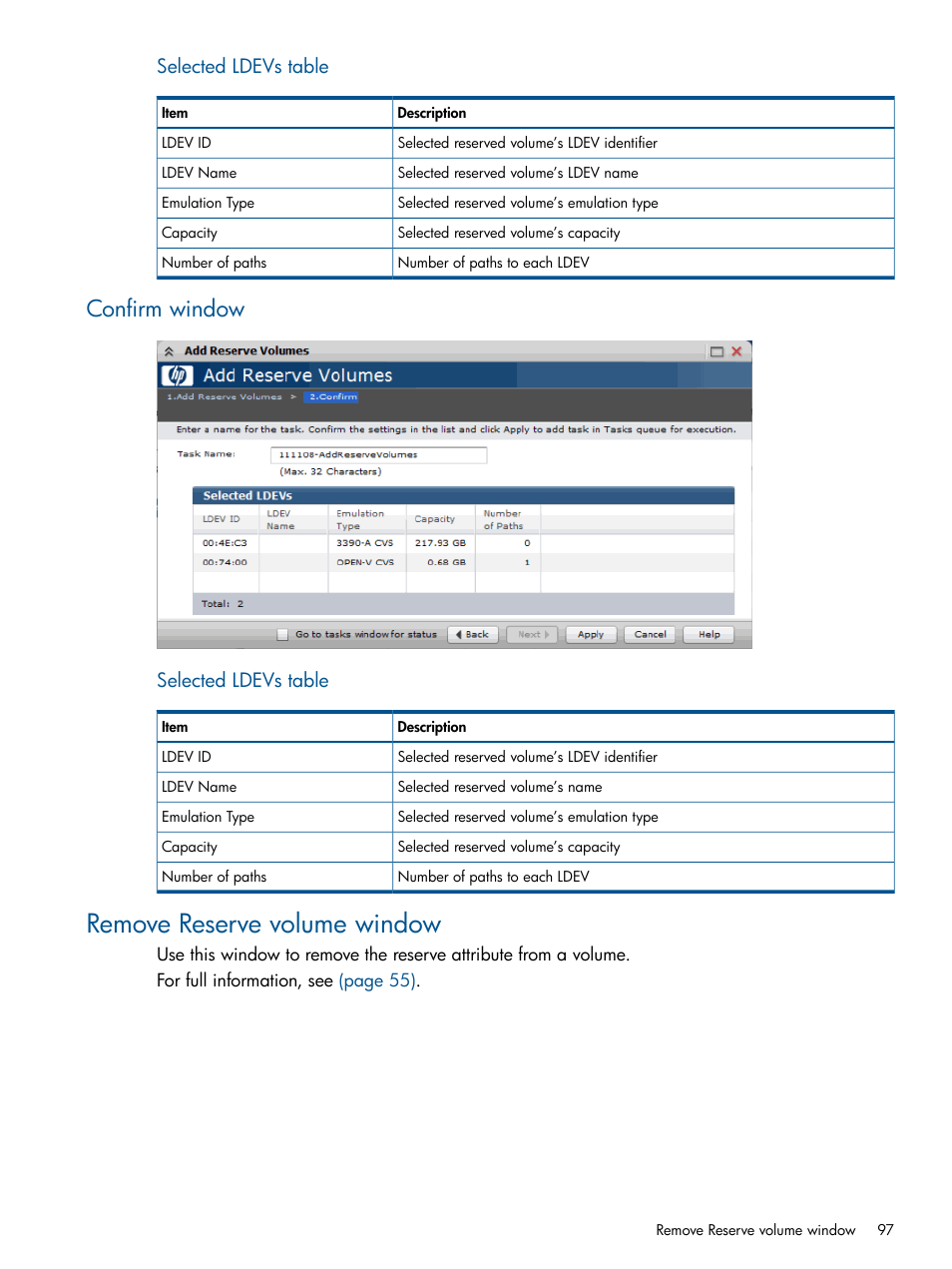 Confirm window, Remove reserve volume window, Selected ldevs table | HP XP P9500 Storage User Manual | Page 97 / 132