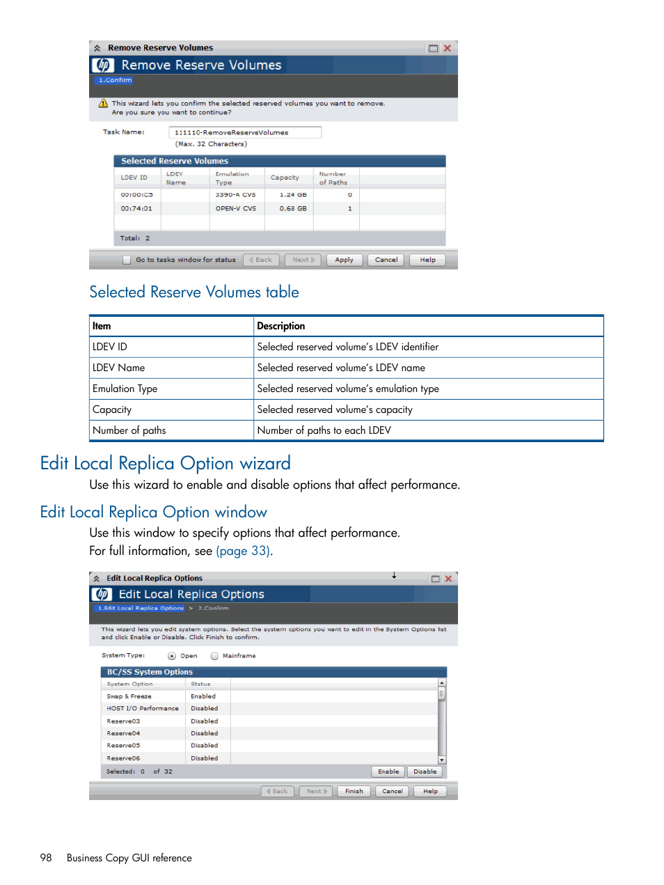 Edit local replica option wizard, Edit local replica option window, Selected reserve volumes table | HP XP P9500 Storage User Manual | Page 98 / 132