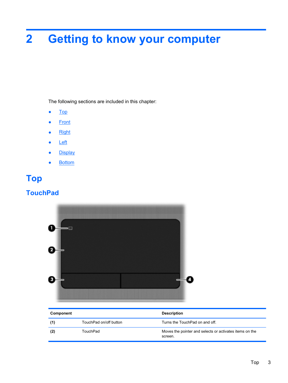 Getting to know your computer, Touchpad, 2 getting to know your computer | Getting to know, 2getting to know your computer | HP ProBook 4230s Notebook PC User Manual | Page 13 / 91