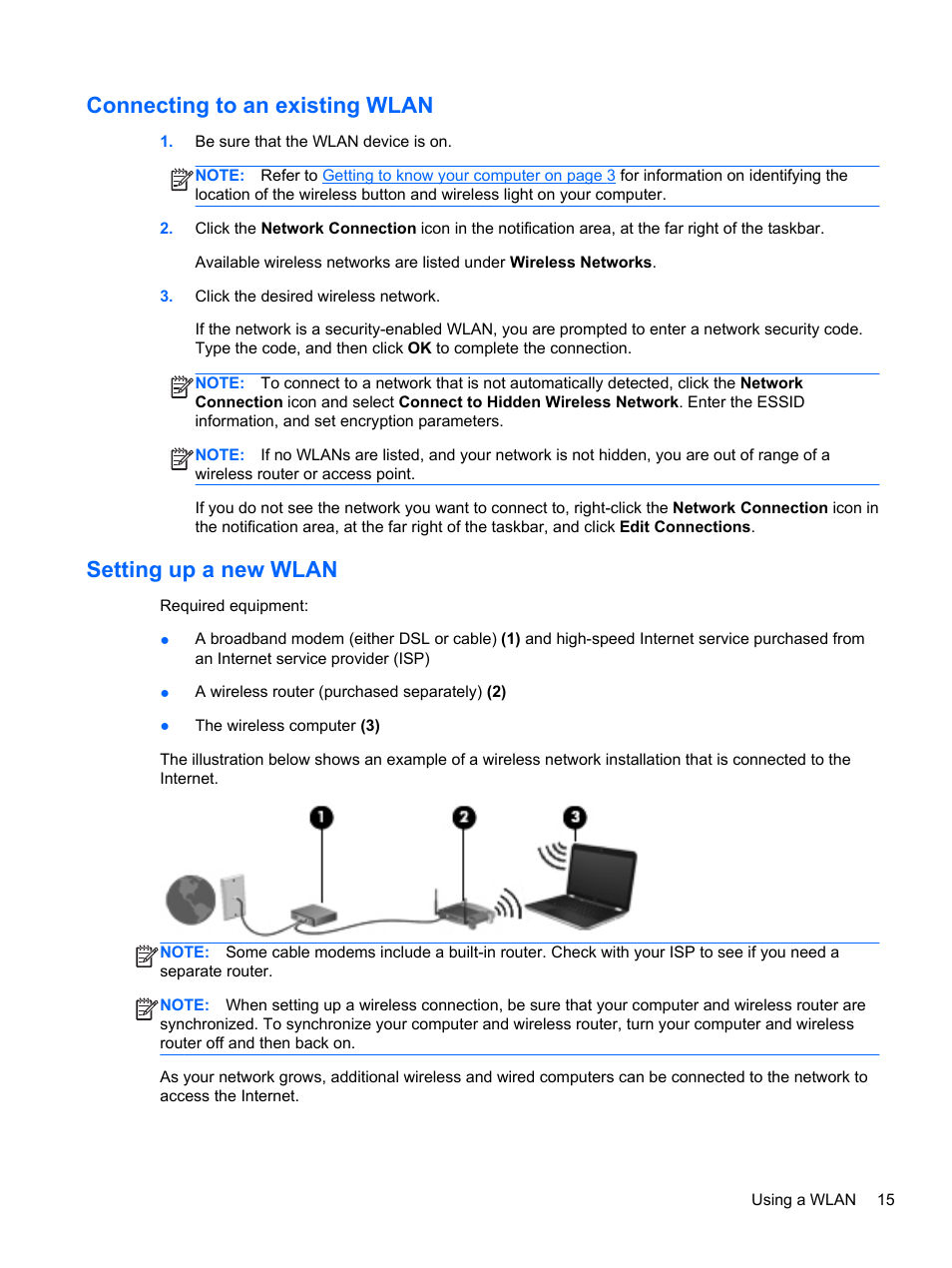Connecting to an existing wlan, Setting up a new wlan, Connecting | HP ProBook 4230s Notebook PC User Manual | Page 25 / 91