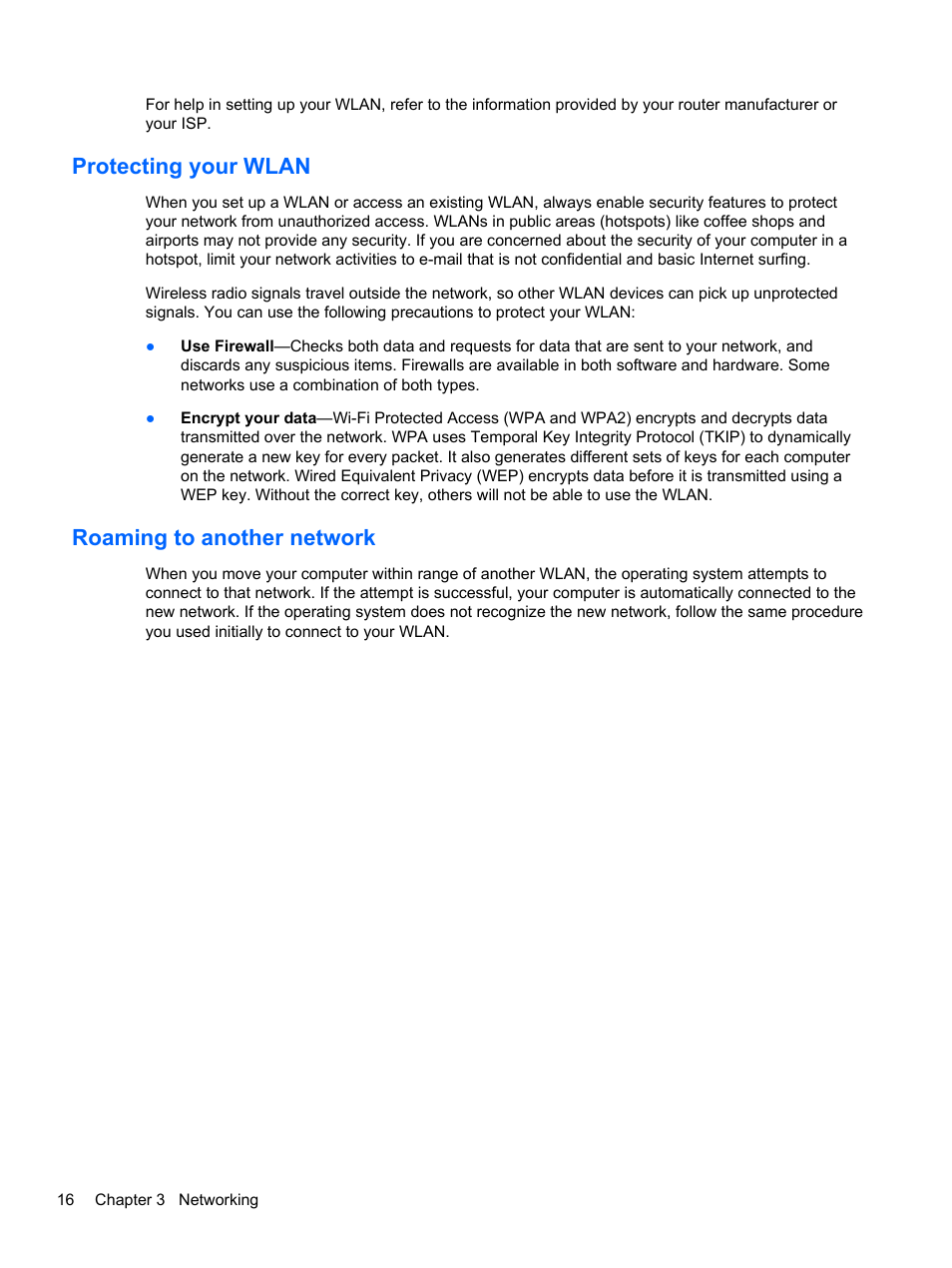 Protecting your wlan, Roaming to another network, Protecting your wlan roaming to another network | HP ProBook 4230s Notebook PC User Manual | Page 26 / 91