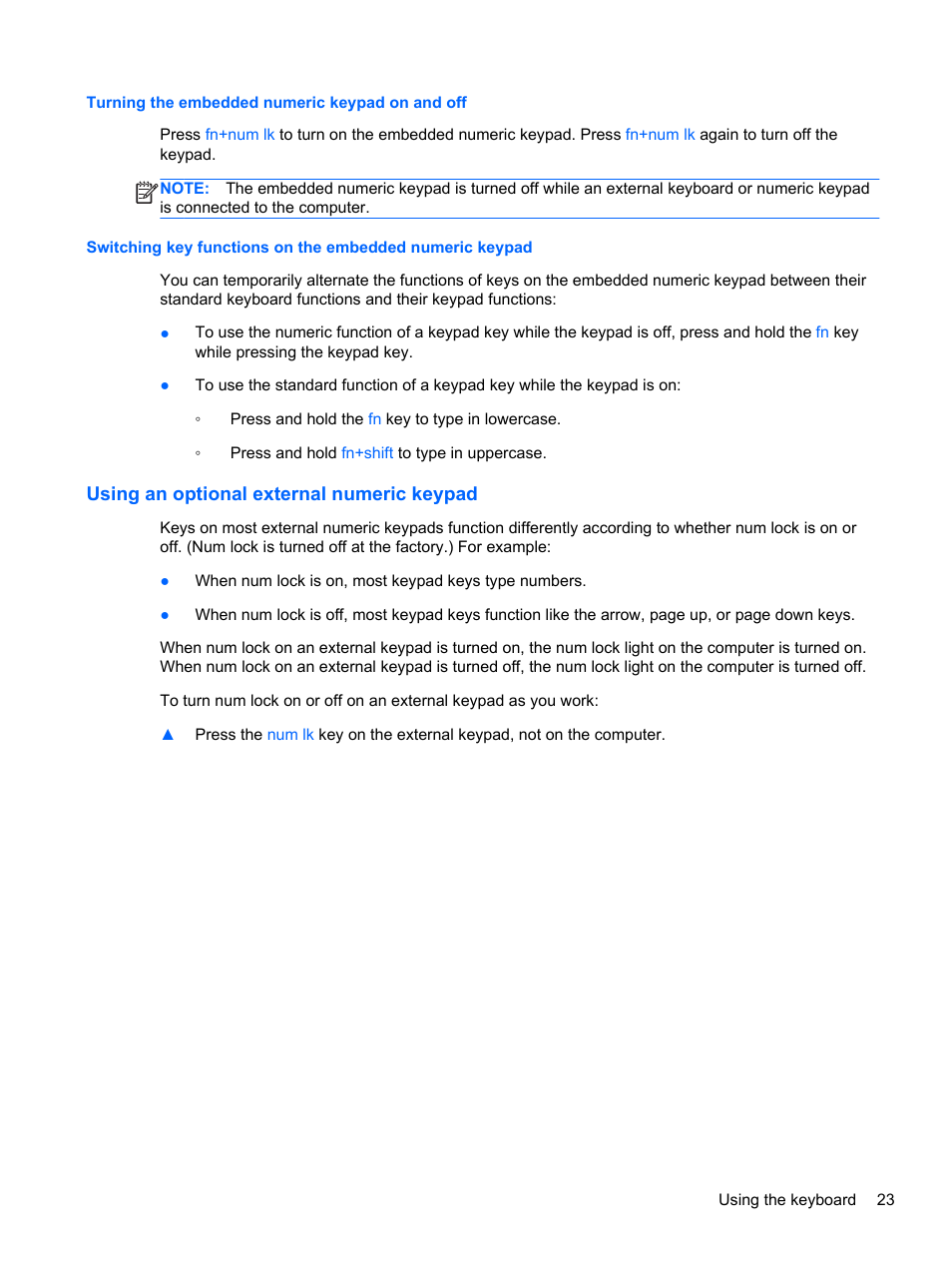 Turning the embedded numeric keypad on and off, Using an optional external numeric keypad | HP ProBook 4230s Notebook PC User Manual | Page 33 / 91