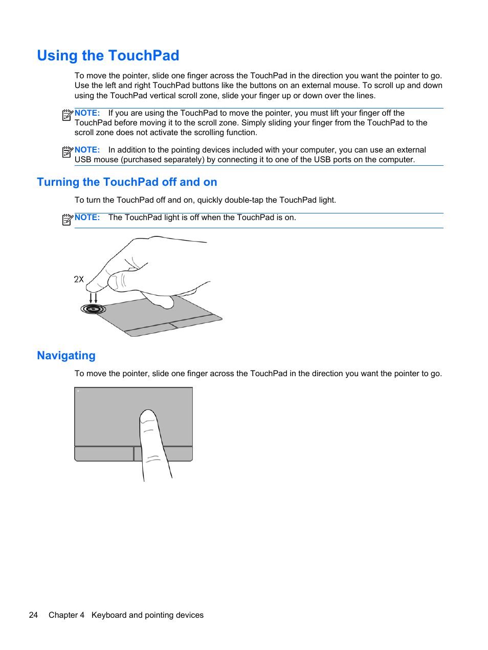 Using the touchpad, Turning the touchpad off and on, Navigating | Turning the touchpad off and on navigating | HP ProBook 4230s Notebook PC User Manual | Page 34 / 91